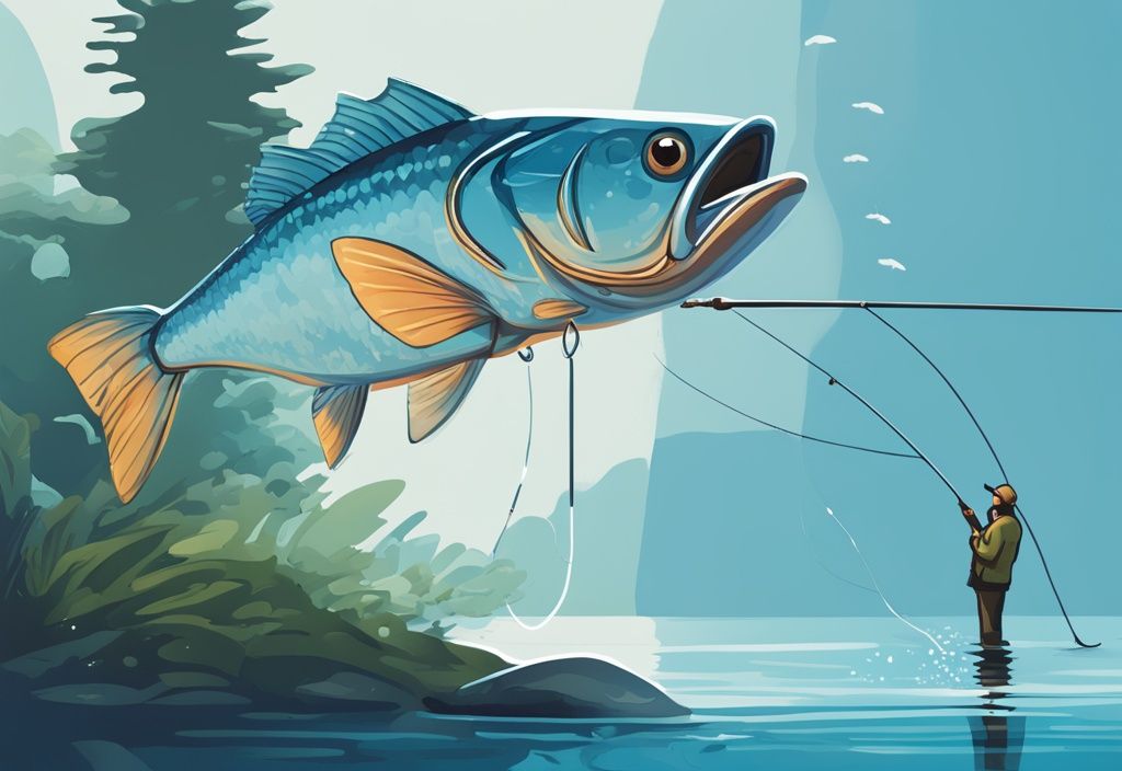 Modern digital painting of a blue-themed serene fishing scene featuring a fishing line with a defined fishing leader and shiny lure in the water, illustrating what is a fishing leader.