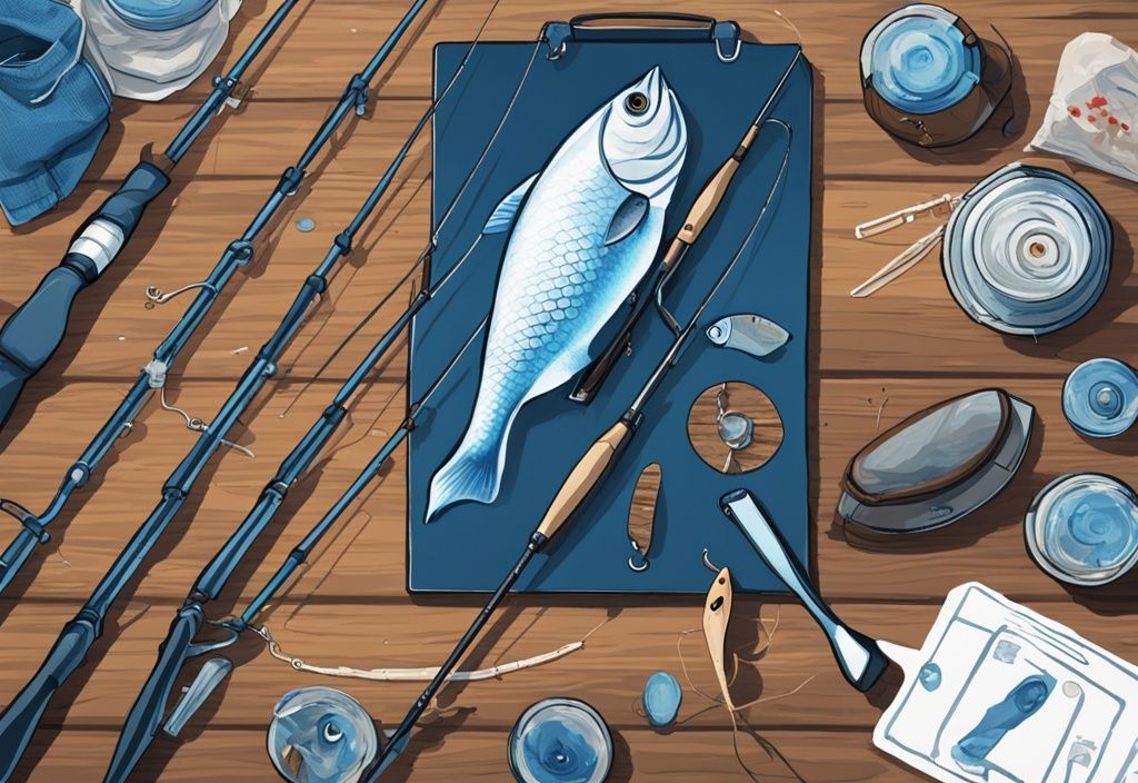 Close-up digital painting of various fishing leaders and a fishing rod on a wooden table, with blue color theme, each leader tagged for specific uses.