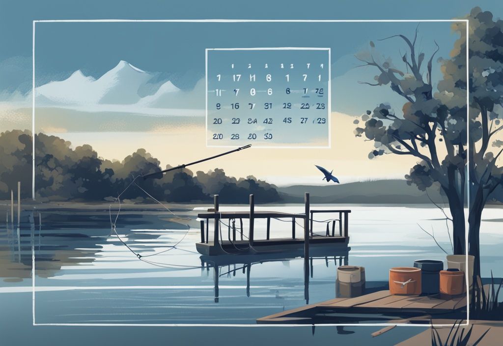 Modern digital painting of a serene Texas lake scene with a dock, fishing gear, and fish on the line, featuring a calendar highlighting when is fishing season in Texas, with a blue color theme.