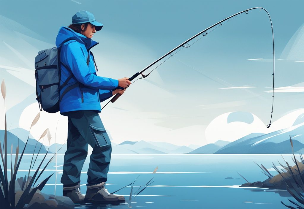 Modern digital painting illustration of an individual in blue-themed fishing attire, showcasing what to wear when going fishing, including a waterproof jacket, water-resistant trousers, a fishing hat, and boots.