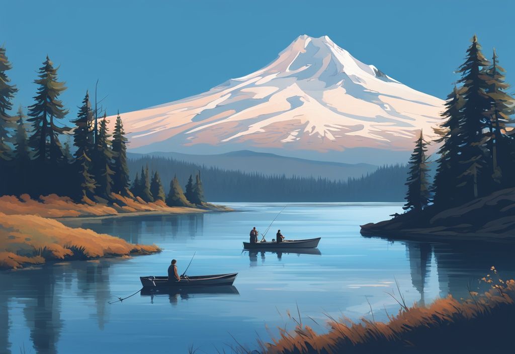 Digital painting of fishing enthusiasts on a serene Oregon lake with Mount Hood in the background, blue color theme.