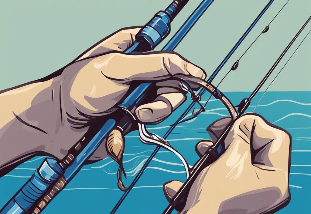 Modern digital painting of hands threading a fishing line on a rod with sinker, hook, and bait for trout fishing, blue color theme.