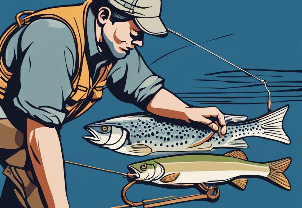 Modern digital painting of a fly fisherman adding a tippet to a tapered leader, close-up of hands and fishing gear, blue color theme.