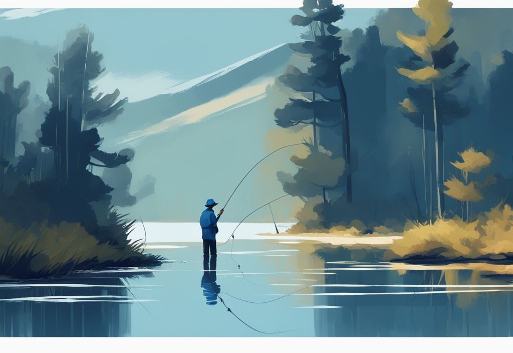 Modern digital painting of a man fishing quietly by a serene lakeside, illustrating the concept of "do you have to be quiet when fishing" with a blue color theme.