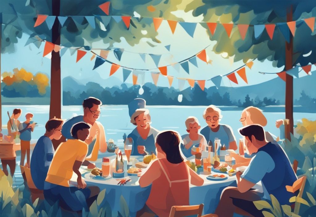 Modern digital painting of a vibrant outdoor fishing party by a lake, featuring people of all ages enjoying fishing activities, with blue-themed decorations and party essentials; perfect fishing party ideas.