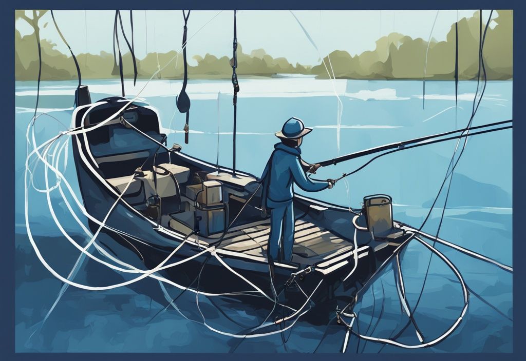 Modern digital painting illustrating a tangled fishing line on a rod, addressing the common angler issue of why does my fishing line keep getting tangled, with a blue color theme.