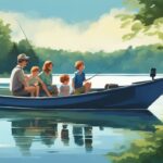 Modern digital painting of a family fishing on a Michigan lake during a free fishing weekend, surrounded by lush greenery and a blue color theme.