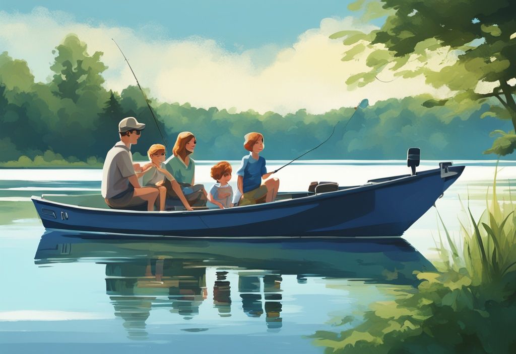 Modern digital painting of a family fishing on a Michigan lake during a free fishing weekend, surrounded by lush greenery and a blue color theme.