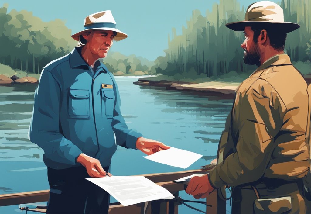 Digital painting of a fisherman receiving a notice from a park ranger for fishing violations, blue color theme.