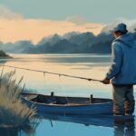 Modern digital painting of a man fishing quietly on a serene lakeside, illustrating the theme "do you have to be quiet when fishing" with a blue color palette.