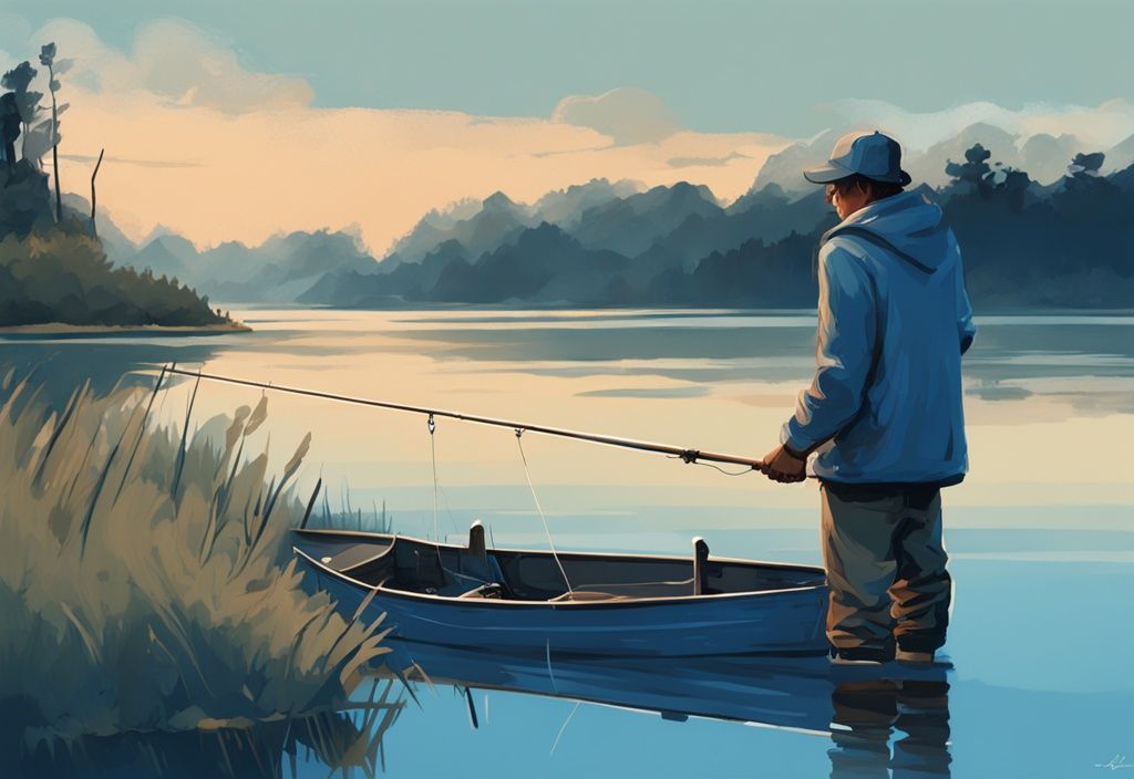 Modern digital painting of a man fishing quietly on a serene lakeside, illustrating the theme "do you have to be quiet when fishing" with a blue color palette.