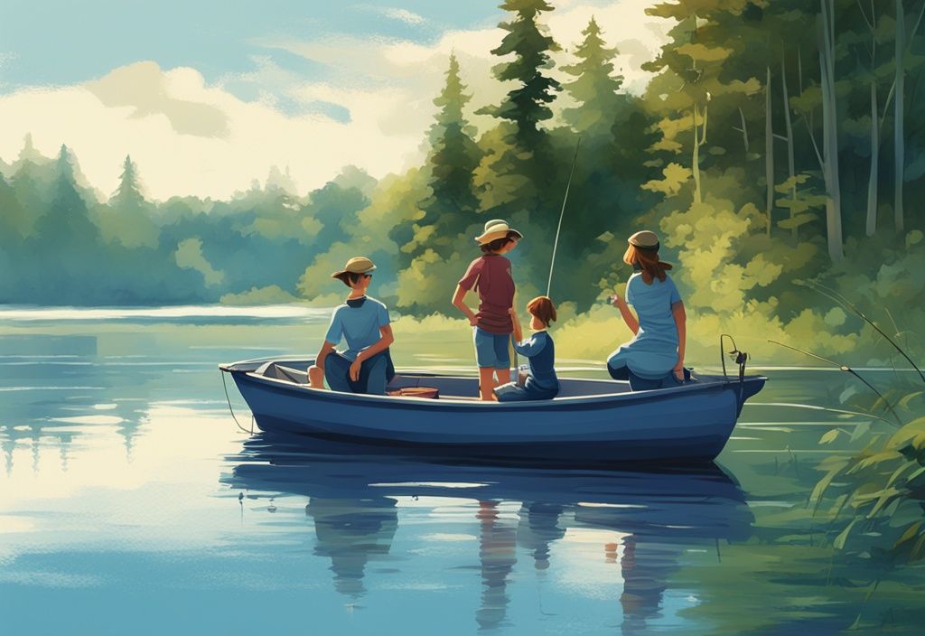 Modern digital painting of a family enjoying a free fishing weekend in Michigan on a serene blue lake surrounded by lush greenery.