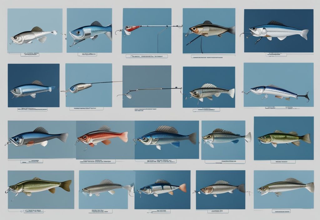 Modern digital painting illustration of the best 10 rod and reel combos for bass fishing, featuring a blue color theme and neatly arranged for easy comparison.