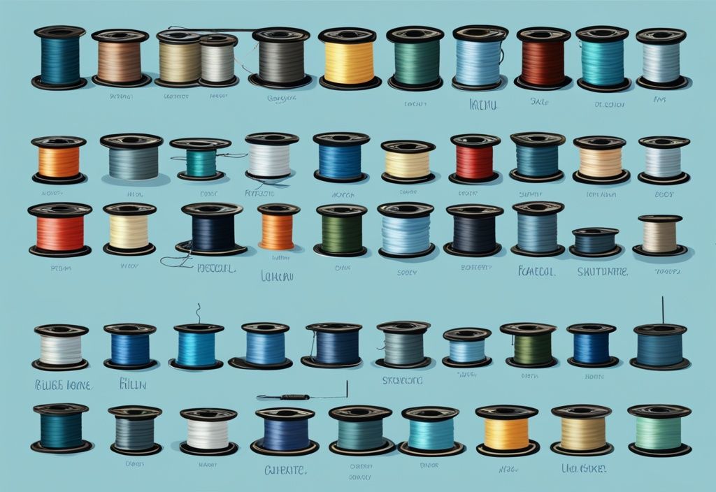 Modern digital painting illustration of the best 10 fishing lines in blue theme, showcasing top-rated fishing lines with labels detailing their strength and features.