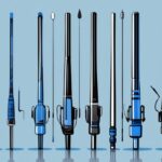 Modern digital painting of various medium heavy spinning rods, featuring the best medium heavy spinning rod prominently highlighted in a blue-themed illustration.