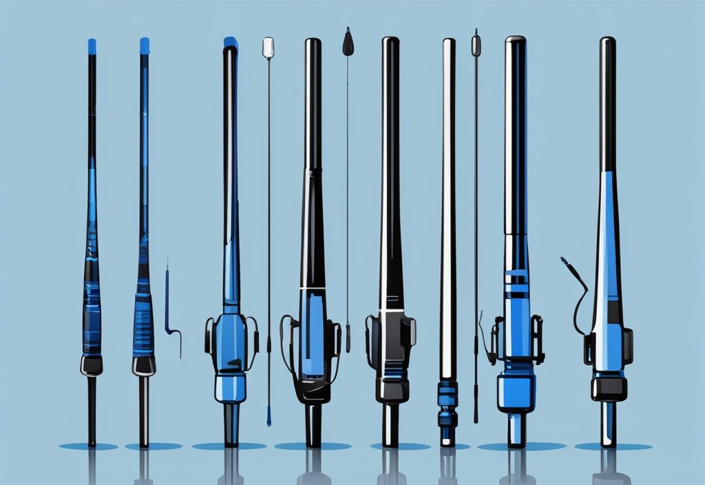 Modern digital painting of various medium heavy spinning rods, featuring the best medium heavy spinning rod prominently highlighted in a blue-themed illustration.