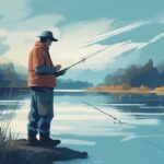 Modern digital painting of a fisherman checking a handheld device for the best barometric pressure for fishing on a serene blue-themed lake.