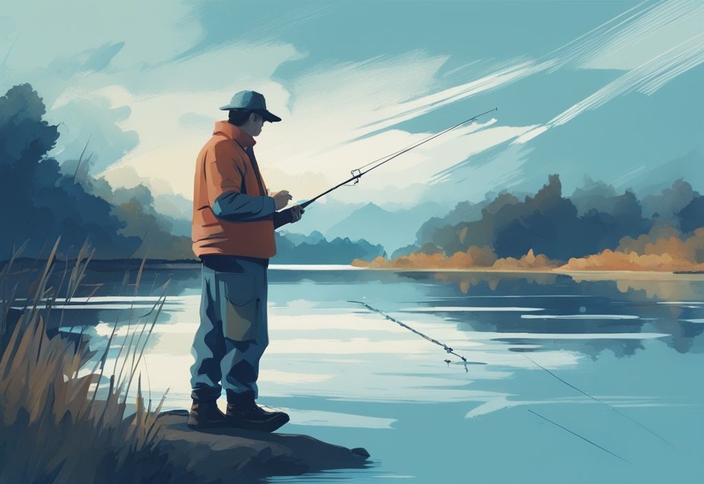 Modern digital painting of a fisherman checking a handheld device for the best barometric pressure for fishing on a serene blue-themed lake.