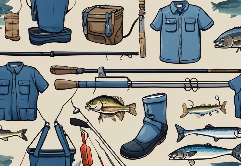 Modern digital painting of best fishing subscription box with blue-themed fishing gear like hooks, lines, rods, and tackle boxes on a wooden dock by a serene lake at sunrise.