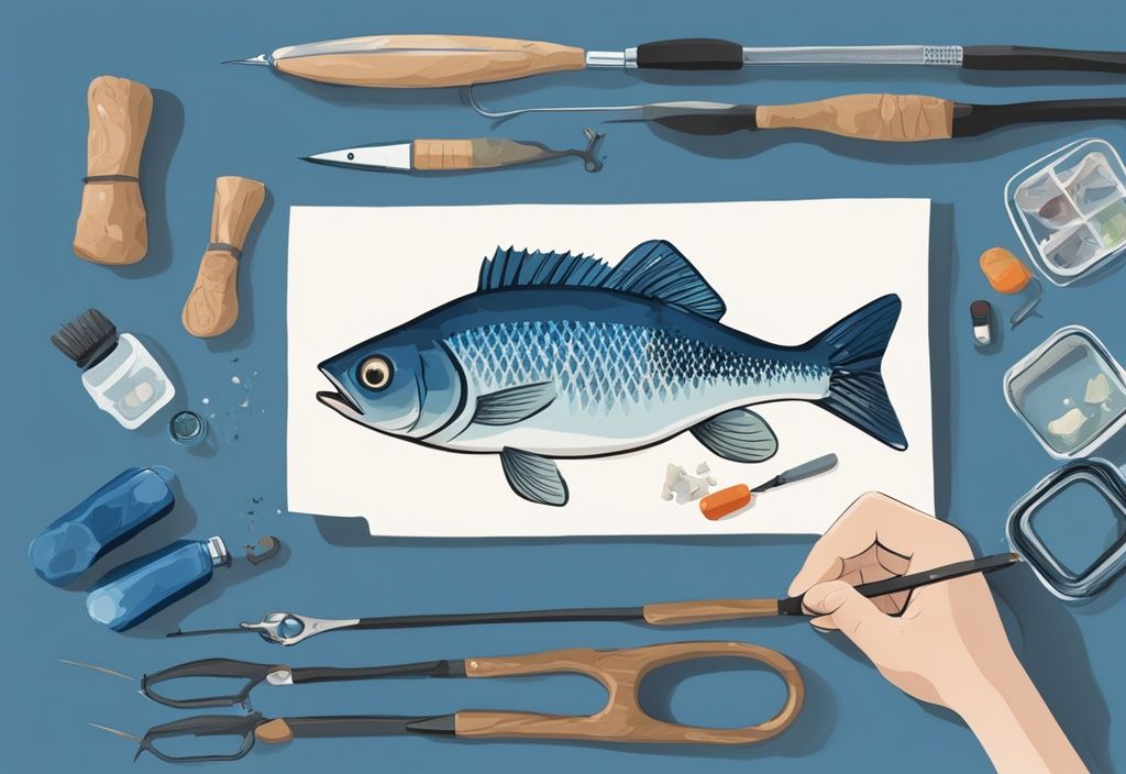 Hands crafting a fishing lure with tools and materials on a table, illustrating how to make fishing lures in a modern digital painting with a blue color theme.