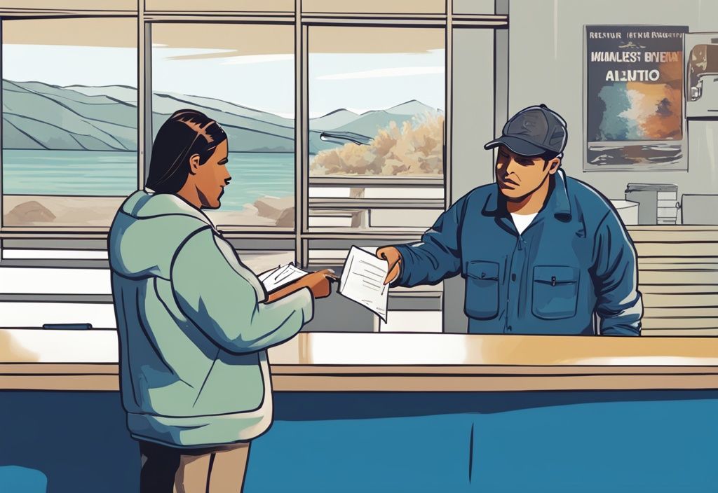 A digital painting of a person obtaining a fishing license in New Mexico at a governmental office counter, with a blue color theme.