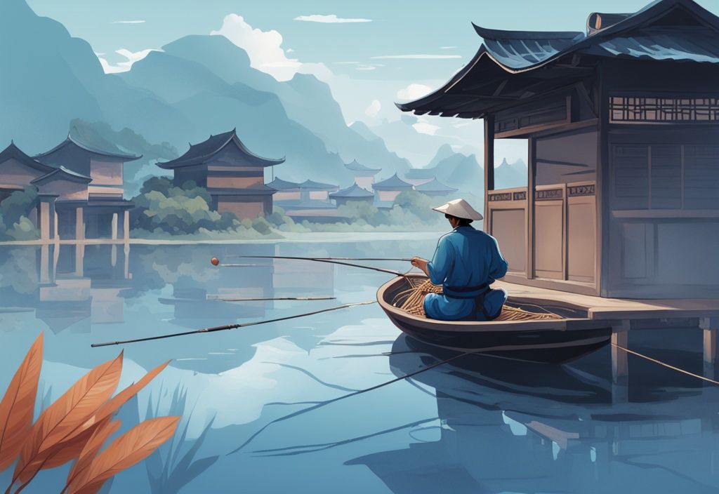 Modern digital painting of an Asian fisherman casting a net in a tranquil river with traditional equipment and Asian architecture in the background, blue color theme.