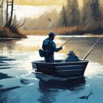 Modern digital painting of an angler on a boat surprised by a game warden requesting a fishing license, illustrating what happens if you get caught without a fishing license, with a blue color theme.