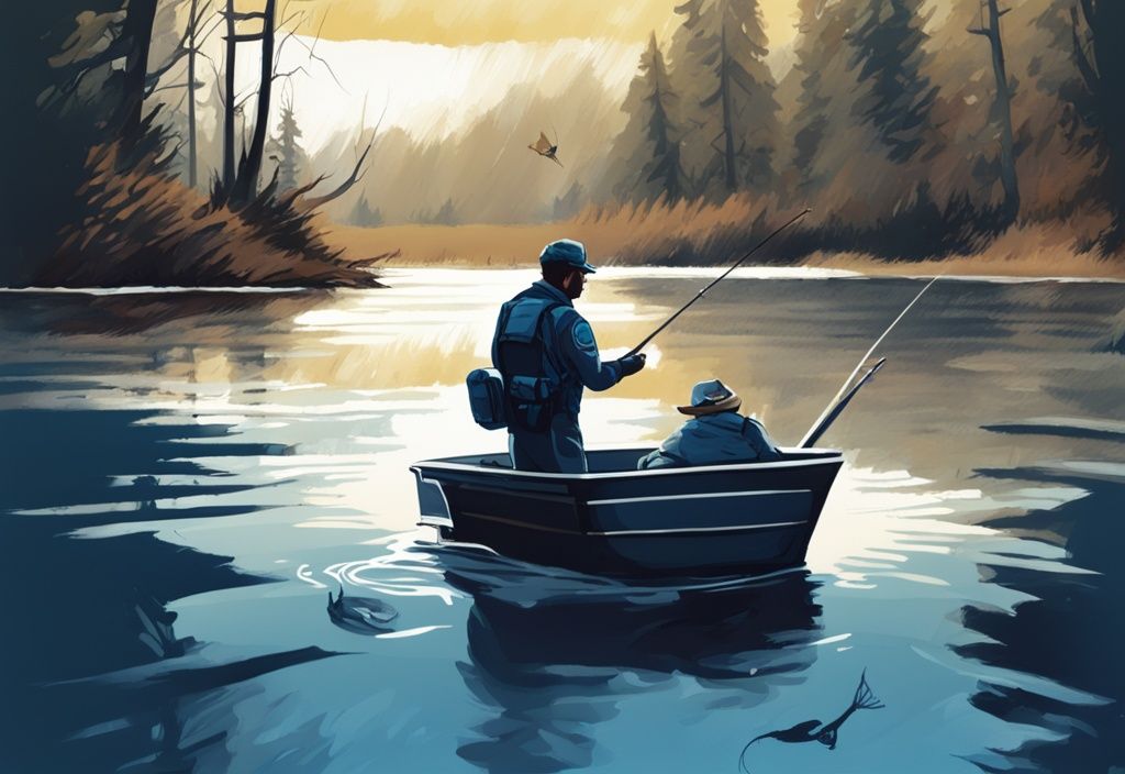 Modern digital painting of an angler on a boat surprised by a game warden requesting a fishing license, illustrating what happens if you get caught without a fishing license, with a blue color theme.