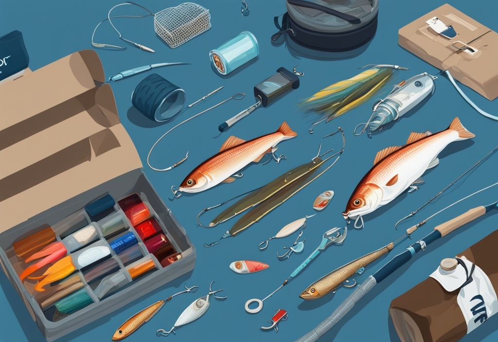 Modern digital painting of a blue-themed fishing gear subscription box with lures, baits, hooks, and fishing magazines.