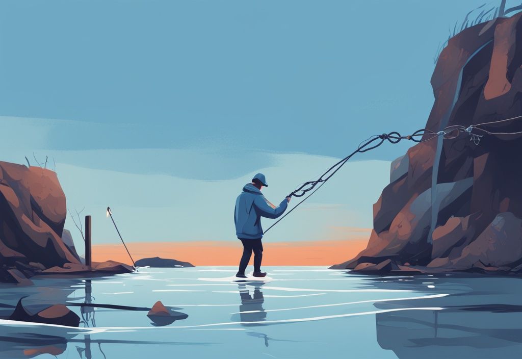 A digital painting of a person magnet fishing by a water body, defying a "No Magnet Fishing" sign, illustrating the theme of why is magnet fishing illegal, with a blue color palette.