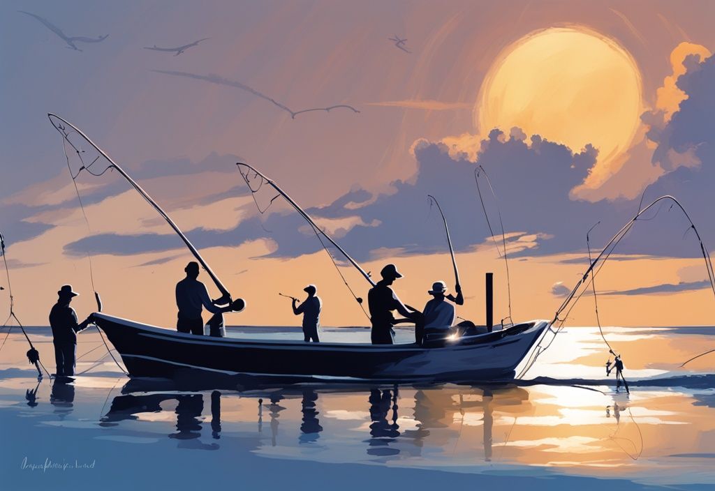 Modern digital painting of anglers fishing on Dauphin Island's beach at sunset, featuring blue tones and fishing rods.