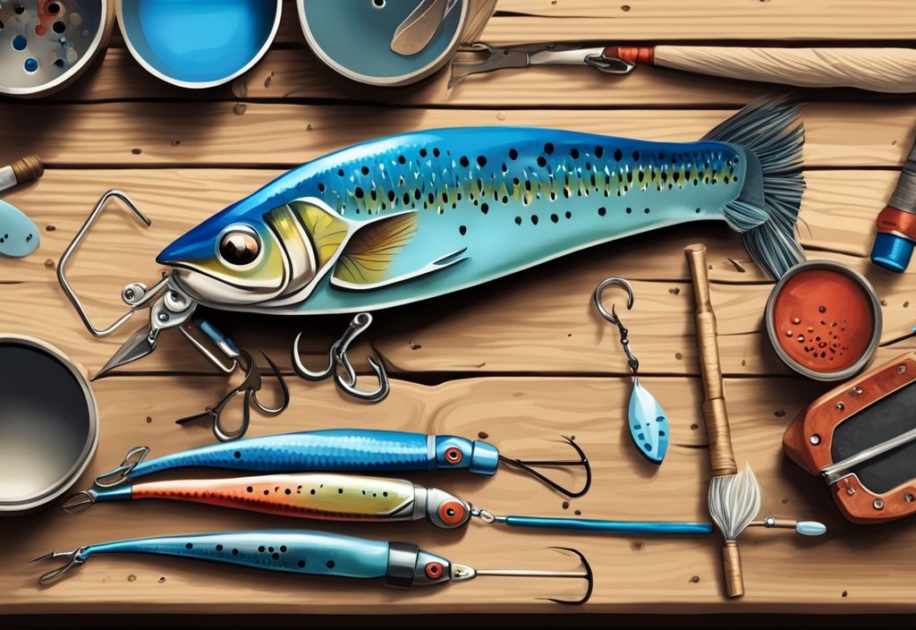 Modern digital painting of colorful fishing lures on rustic wooden table with tools and materials, blue color theme.