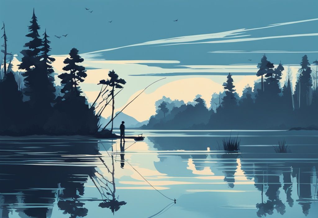 Modern digital painting of two fishermen, one fly fishing and the other using a traditional rod, on a serene blue-themed lake.