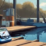 Modern digital painting of digital vs. analogue fishing scale on a dock with fish.