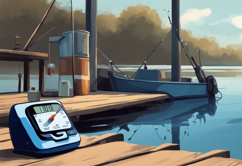 Modern digital painting of digital vs. analogue fishing scale on a dock with fish.