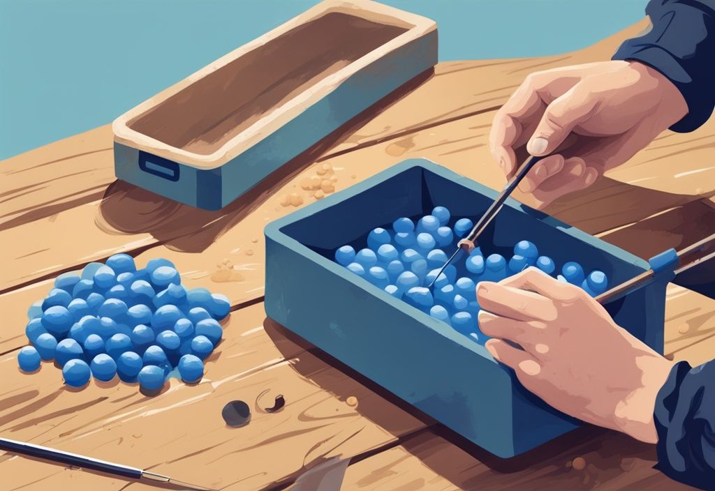 Digital painting of hands shaping dough balls next to fishing rod and bait box on wooden table, blue color theme.