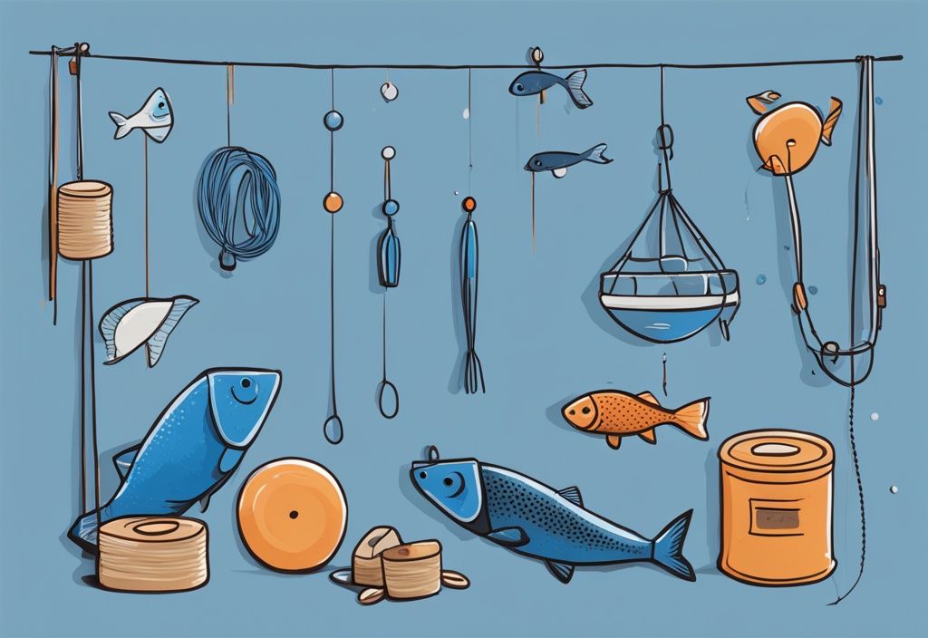 Modern digital painting in blue theme with fishing line holding fish, weights, and various objects, showcasing strength and diversity.