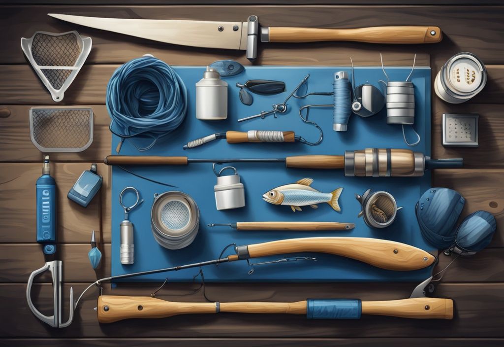 Modern digital painting of 20 unique fishing tools and accessories on rustic wooden table, blue color theme