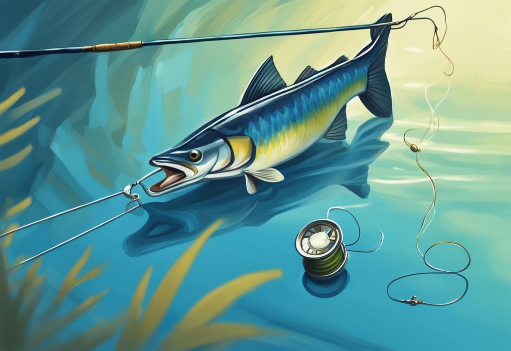 Modern digital painting of a blue-themed fishing scene with a visible fishing line and shiny lure in water, illustrating what is a fishing leader in a serene environment.