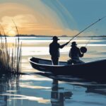 Modern digital painting of anglers fishing on Dauphin Island at sunset with blue-themed beach scenery.