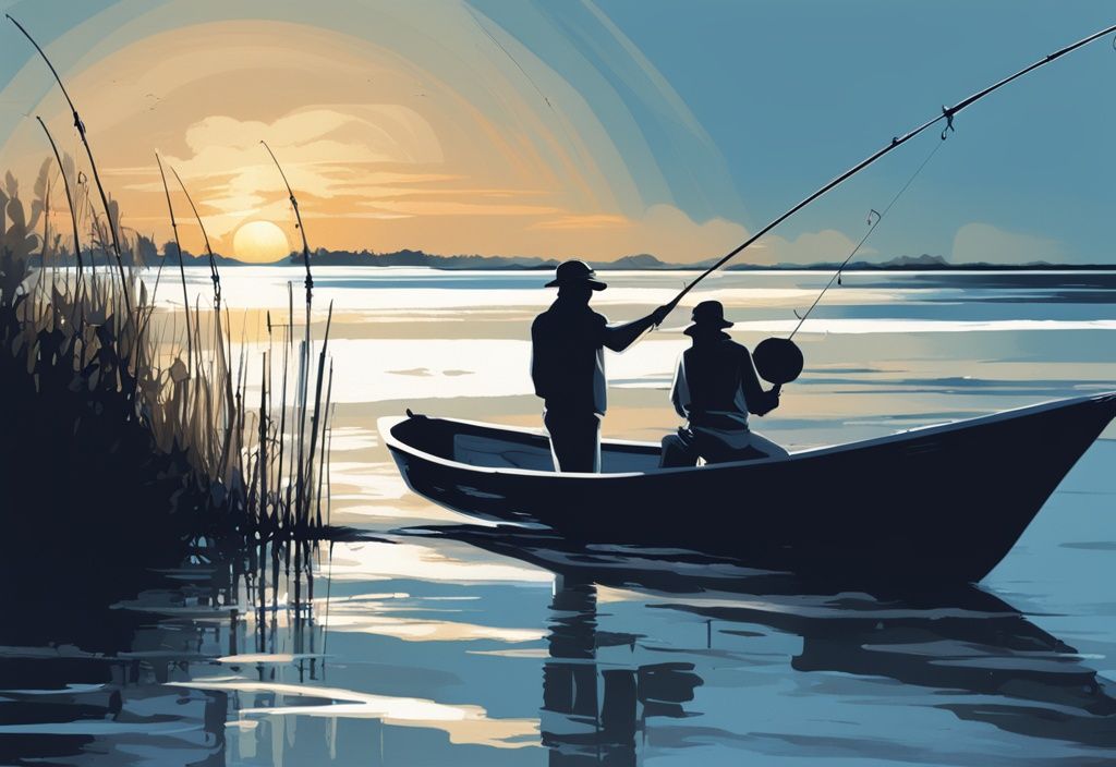 Modern digital painting of anglers fishing on Dauphin Island at sunset with blue-themed beach scenery.