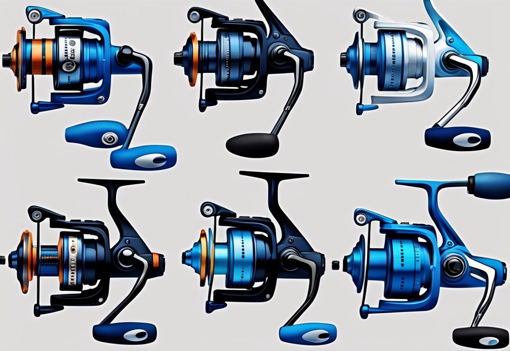 Modern digital painting of top 8 inshore spinning reels, blue theme, best market ranking.