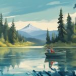 A modern digital painting of a happy family fishing on a serene Oregon lake during a free fishing weekend in Oregon, surrounded by lush greenery and mountains.