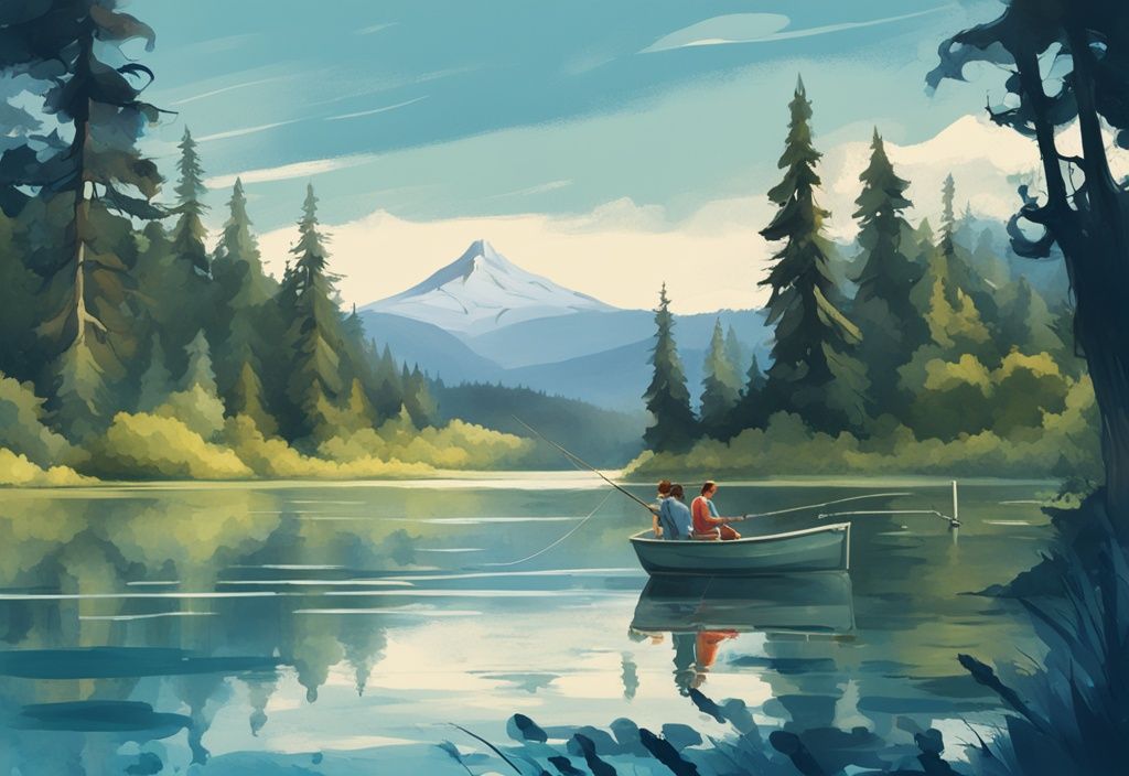 A modern digital painting of a happy family fishing on a serene Oregon lake during a free fishing weekend in Oregon, surrounded by lush greenery and mountains.