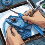 Modern digital painting illustration of hands tying a line on a baitcaster, showcasing detailed techniques on how to tie line on a baitcaster, with a blue color theme.