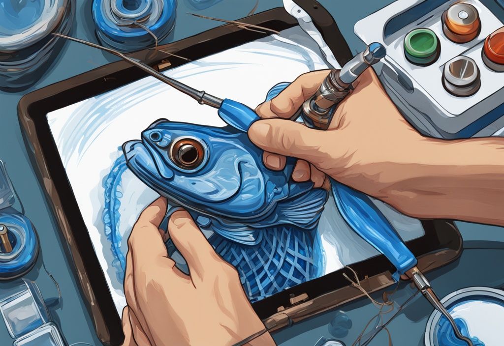 Modern digital painting illustration of hands tying a line on a baitcaster, showcasing detailed techniques on how to tie line on a baitcaster, with a blue color theme.