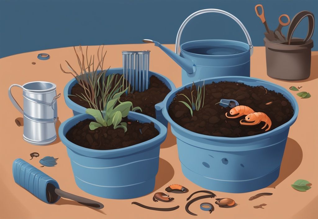 Modern digital painting of worms in fertile soil with a trowel and watering can, home setup for raising fishing worms, blue color theme.