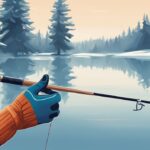 Modern digital painting of best winter fishing gloves on icy fishing rod, snowy lake, and evergreens in blue theme.