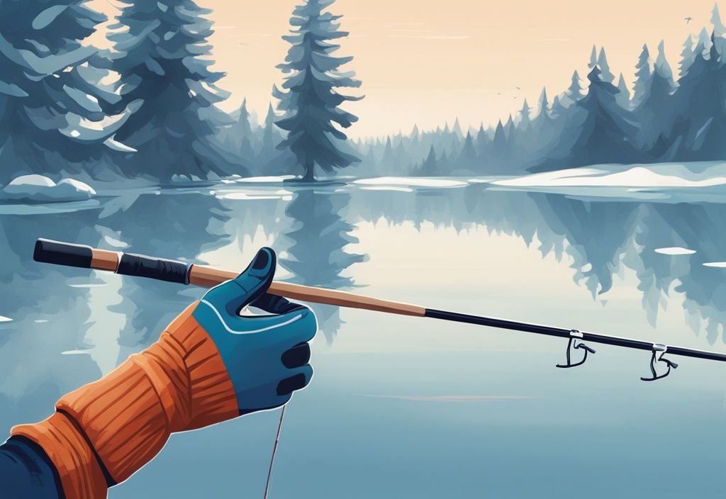 Modern digital painting of best winter fishing gloves on icy fishing rod, snowy lake, and evergreens in blue theme.