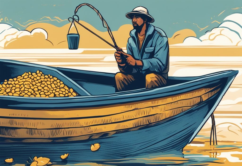 Modern digital painting of a perplexed fisherman on a boat with corn on his hook, highlighting the concept of illegal corn fishing; why is fishing with corn illegal depicted with a 'no' symbol over the corn in a blue color theme.